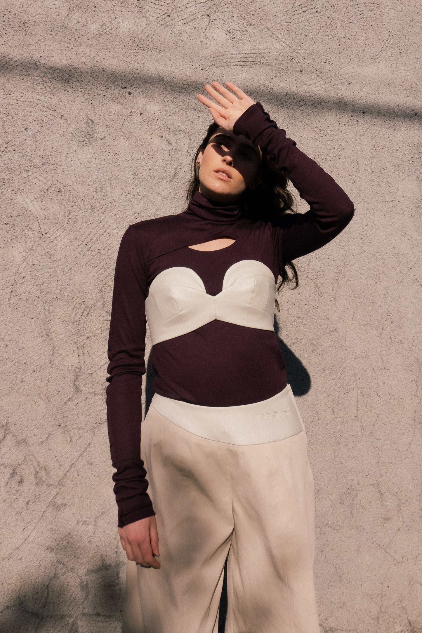 Frayed Hem Fitted Top in Plum