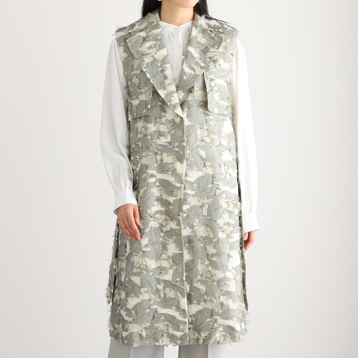 Long Gilet in Sage and Ivory Feather Appliqué