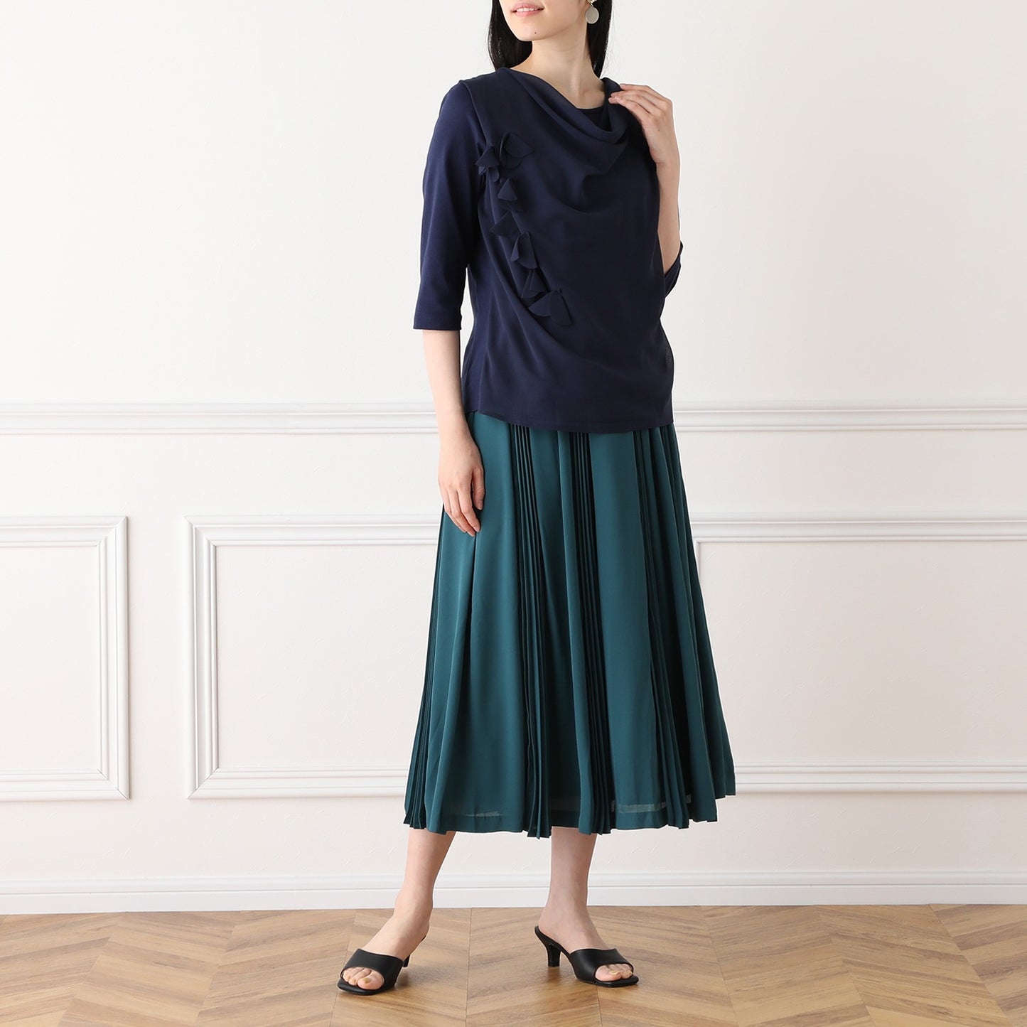 Pleated Paneled Skirt in Emerald Georgette